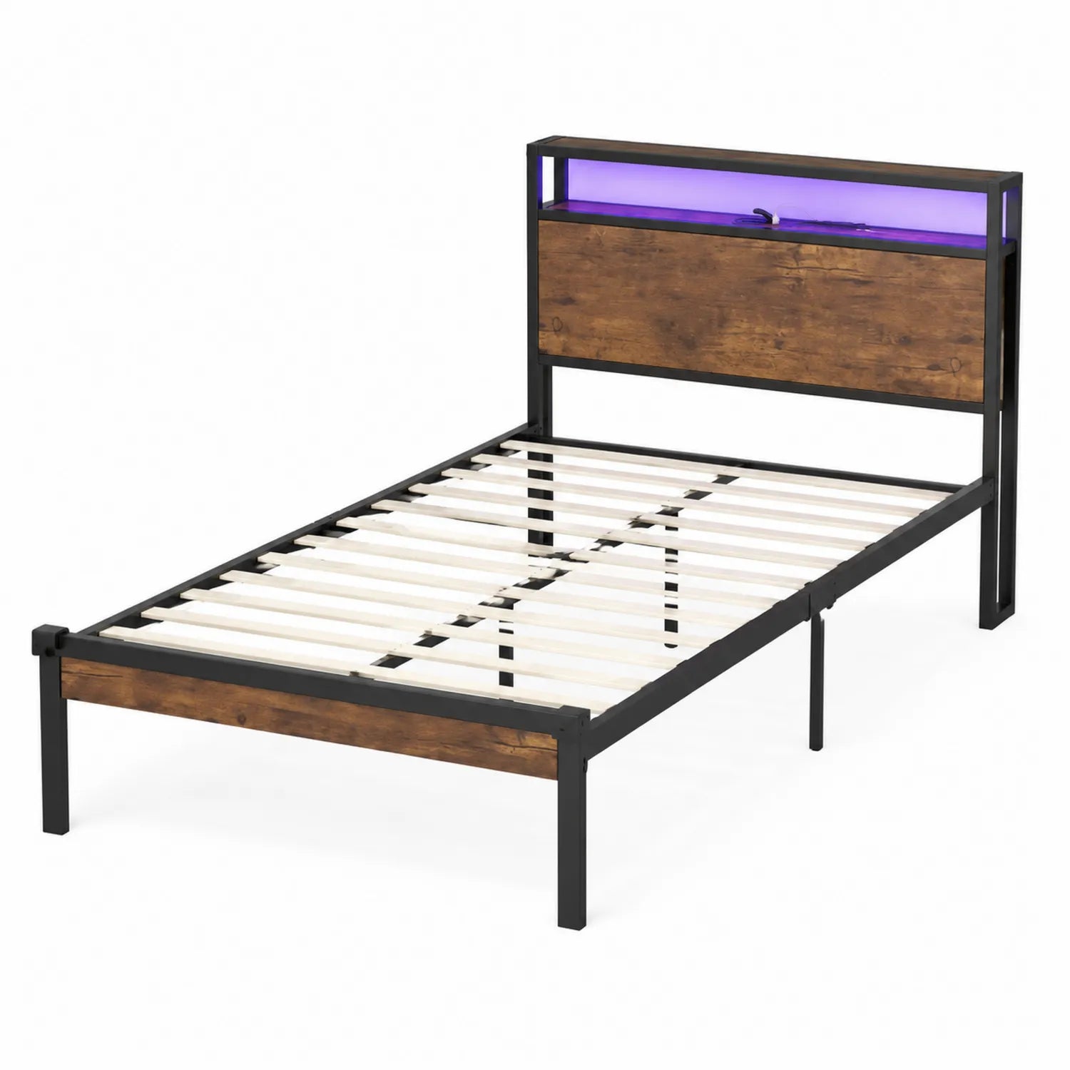 Einzelbett Metallrahmen mit LED-Licht und Holzoptik 200x90 cm