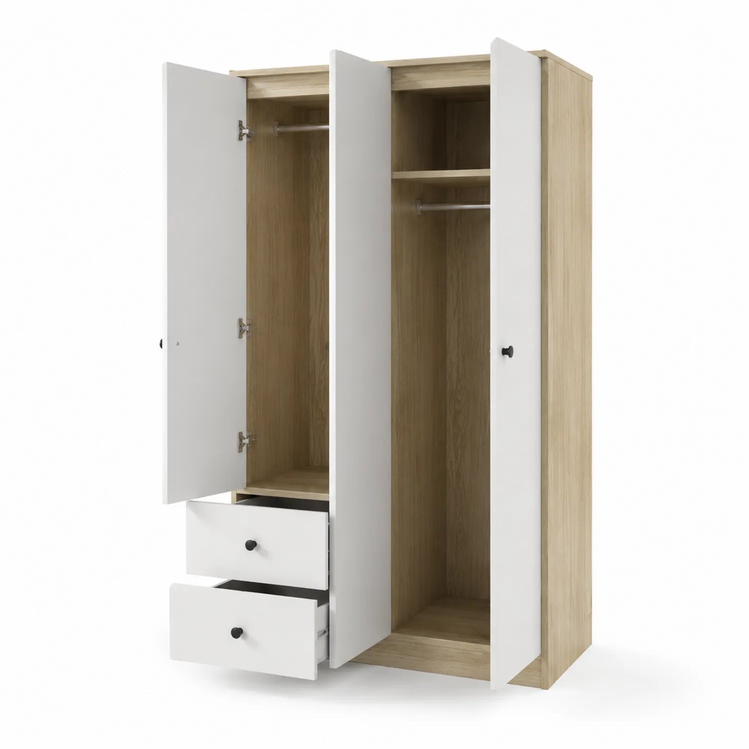 Kleiderschrank in Holzoptik mit 3 Türen und 2 Schubladen, Eiche/Weiß