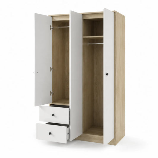 Kleiderschrank in Holzoptik mit 3 Türen und 2 Schubladen, Eiche/Weiß