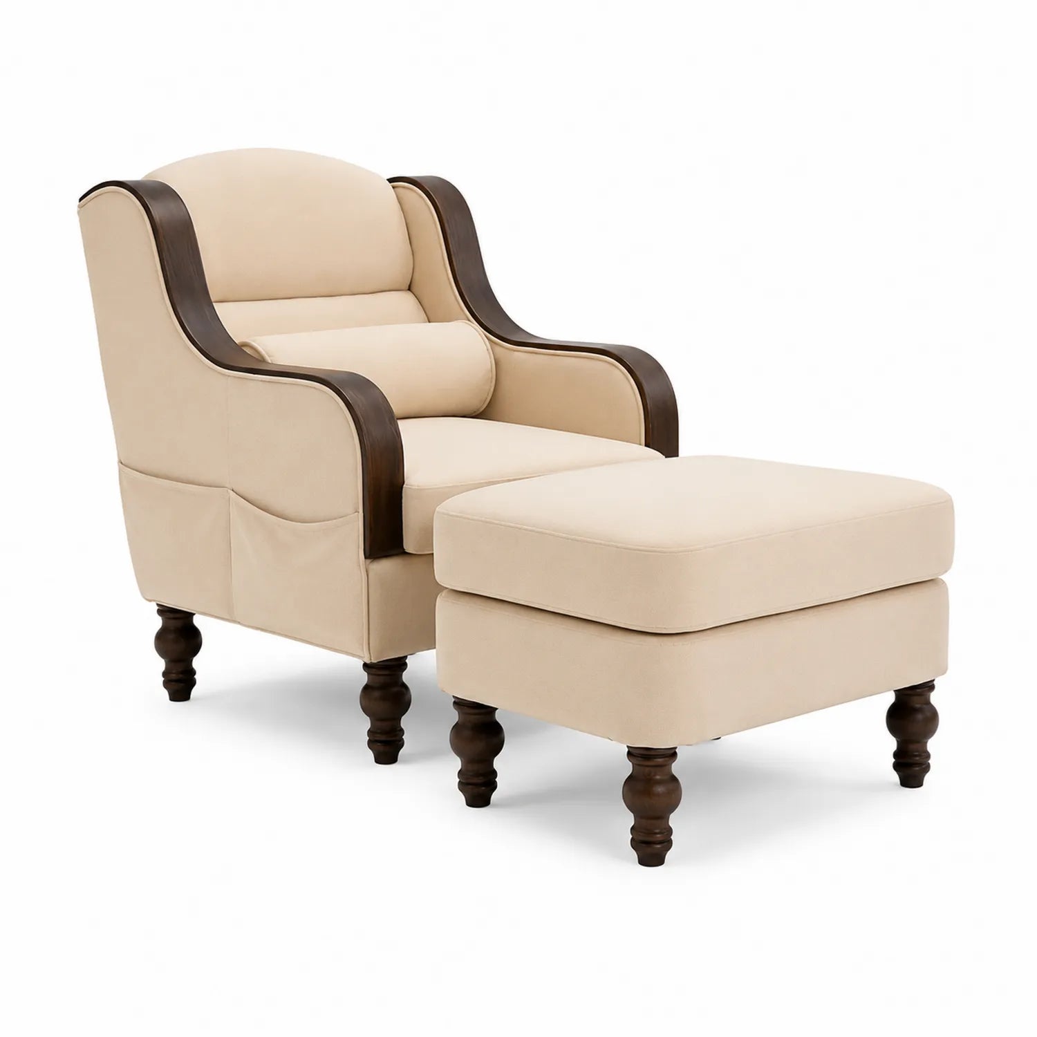 Holz-Sessel und Hocker Set mit Textilbezug in Beige